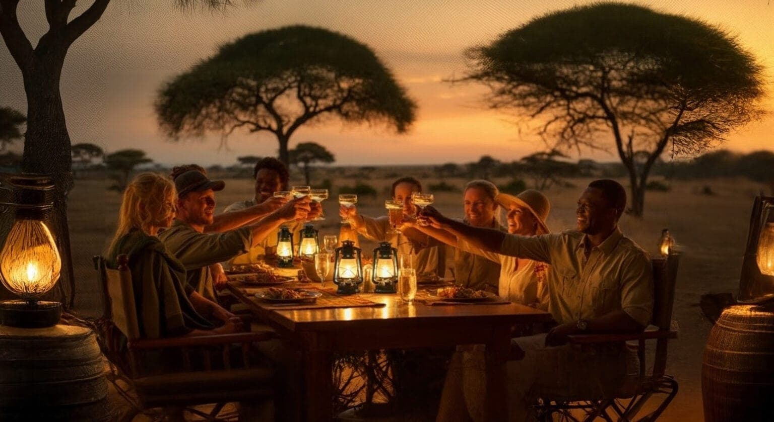 Bush dinner under lanterns